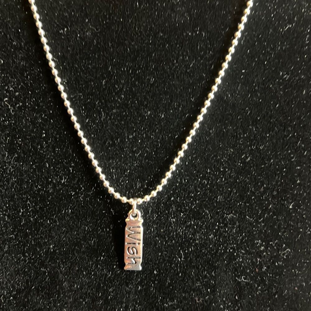 Handcrafted wish tag pendant on 19 inch silver tone ball chain